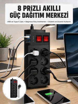 Shopwave 2 Metre Güçlü Çoklu Priz 8 Soket Yeni Nesil