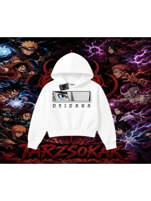 Tarzsokak Deidara Naruto Anime Karakteri Kadın Crop Kapşonlu Sweatshirt Beyaz