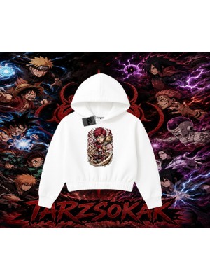 Tarzsokak Gaara Naruto Anime Karakteri Kadın Crop Kapşonlu Sweatshirt Beyaz