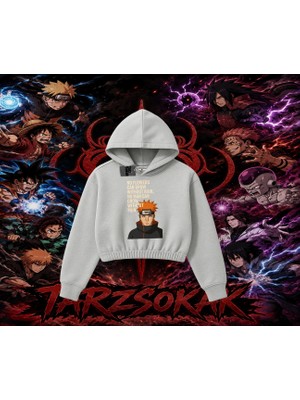 Tarzsokak Pain Nagato Naruto Anime Karakter Kadın Crop Kapşonlu Sweatshirt Beyaz