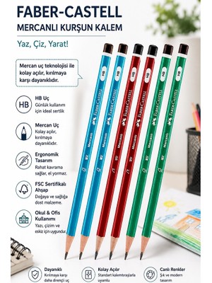 Artlantis Siyah Kurşun Kalem Mercanlı 6 Adet Faber Castell Mercanlı Kurşun Tahta Kalem Hb Orta Dereceli Öğrenci Kalemi Okul