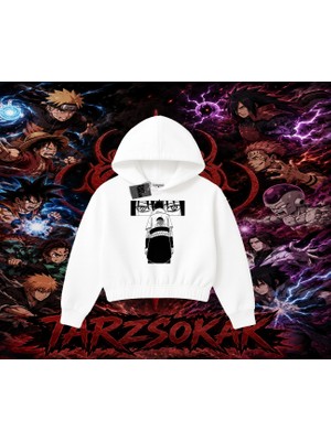 Tarzsokak Sasuke Uchiha Naruto Anime Karakter Kadın Crop Kapşonlu Sweatshirt Beyaz