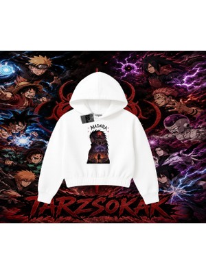 Tarzsokak Madara Uchiha Naruto Anime Karakteri Kadın Crop Kapşonlu Sweatshirt Beyaz