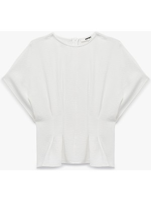 Koton Slim Fit Aerobin Kumaş Bel Vurgulu Bisiklet Yaka Pileli Bluz