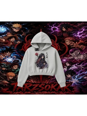 Tarzsokak Madara Uchiha Naruto Anime Karakteri Kadın Crop Kapşonlu Sweatshirt Beyaz