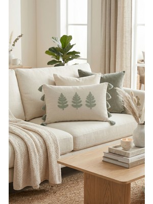 Destiva Home Buldan Işi Ağaç Desenli Punch Nakışlı Püsküllü Gizli Fermuarlı Pamuk Kırlent Kılıfı 35X55 cm