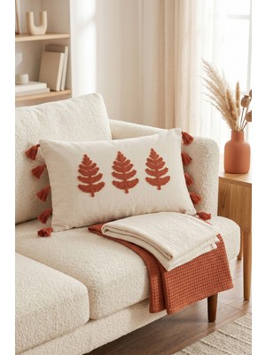 Destiva Home Buldan Işi Ağaç Desenli Punch Nakışlı Püsküllü Gizli Fermuarlı Pamuk Kırlent Kılıfı 35X55 cm