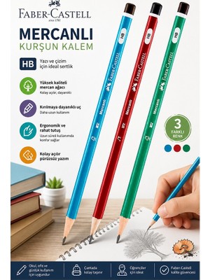 Artlantis Siyah Kurşun Kalem Mercanlı 3 Adet Faber Castell Mercanlı Kurşun Tahta Kalem Hb Orta Dereceli Öğrenci Kalemi Okul