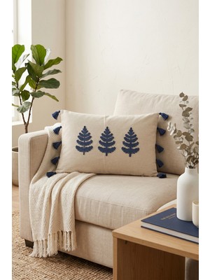 Destiva Home Buldan Işi Ağaç Desenli Punch Nakışlı Püsküllü Gizli Fermuarlı Pamuk Kırlent Kılıfı 35X55 cm