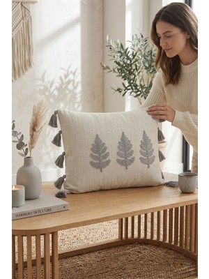 Destiva Home Buldan Işi Ağaç Desenli Punch Nakışlı Püsküllü Gizli Fermuarlı Pamuk Kırlent Kılıfı 35X55 cm