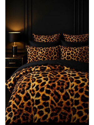 More Home Tek Kişilik Yorgan Kılıfı + Yastık Kılıfı Çarşafsız Dijital Baskılı 3D 3 Boyutlu Leopar Desenli Siyah