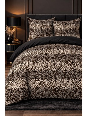 More Home  Çift Kişilik Yorgan Kılıfı + Yastık Kılıfı  (Çarşafsız) Leopar-Siyah