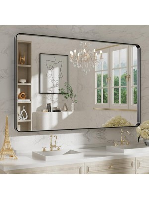 48X75 cm Siyah Metal Çerçeveli Banyo Aynası, Mat Siyah Banyo Vanity Aynası, Banyo Için Dikdört