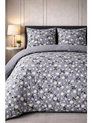 More Home Tek  Kişilik Yorgan Kılıfı + Yastık Kılıfı  (Çarşafsız) Papatya Gri Beyaz