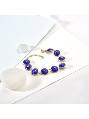 Nox Jewelry 14 Ayar Altın Kaplama 925 Ayar Gümüş Mavi Nazar Boncuklu Bileklik - CB00134