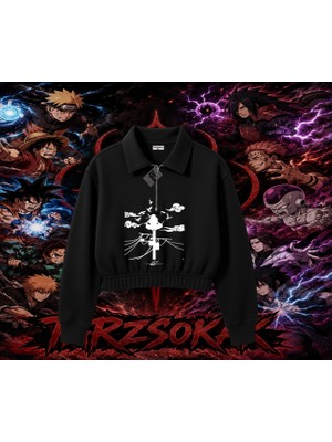 Tarzsokak Itachi Uchiha Naruto Anime Karakteri Kadın Crop Polo Yaka Yarım Fermuarlı Sweatshirt Beyaz