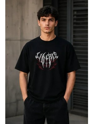 Uslucan Alışveriş Erkek Gotik Yazı Baskılı Oversize Bisiklet Yaka T-Shirt - Siyah