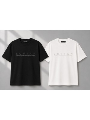 Lufian Erkek Siyah Beyaz 2’li T-Shirt Seti Logo Baskılı Bisiklet Yaka Regular Fit Kısa Kol Günlük Tişört