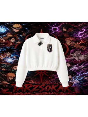 Tarzsokak Orochimaru Naruto Anime Karakter Kadın Crop Polo Yaka Yarım Fermuarlı Sweatshirt Beyaz
