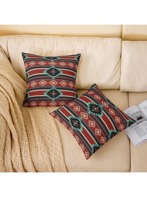 Haki Güneybatı Aztek Dekoratif Yastık Kılıfı 2'li Set Batı Kaktüs Bohem Boho Kabile Dekorati