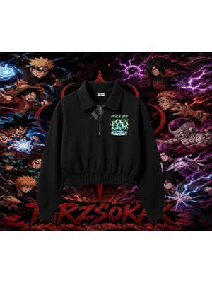 Tarzsokak Rock Lee Naruto Anime Karakter Kadın Crop Polo Yaka Yarım Fermuarlı Sweatshirt Beyaz