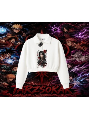 Tarzsokak Itachi Uchiha Naruto Anime Karakteri Kadın Crop Polo Yaka Yarım Fermuarlı Sweatshirt Beyaz