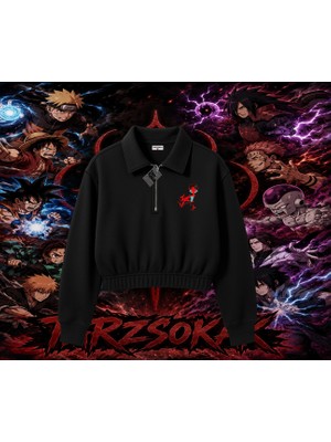 Tarzsokak Itachi Uchiha Naruto Anime Karakteri Kadın Crop Polo Yaka Yarım Fermuarlı Sweatshirt Beyaz
