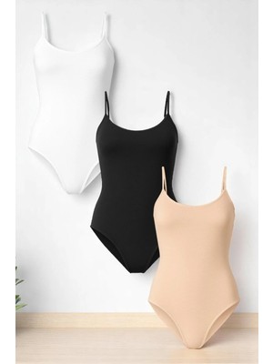 QKK Kadın Pamuklu Likralı Penye Ince Askılı Siyah&beyaz&ten 3'lü Çıtçıtlı Body
