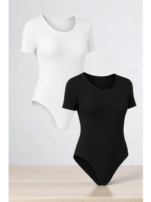 QKK Kadın Pamuklu Likralı Penye Kısa Kol Bisiklet Yaka Siyah & Beyaz 2'li Çıtçıtlı Body
