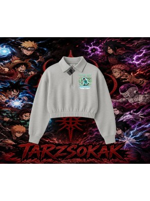 Tarzsokak Rock Lee Naruto Anime Karakter Kadın Crop Polo Yaka Yarım Fermuarlı Sweatshirt Beyaz