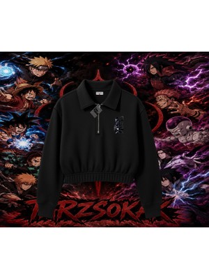 Tarzsokak Sasuke Uchiha Naruto Anime Karakter Kadın Crop Polo Yaka Yarım Fermuarlı Sweatshirt Beyaz