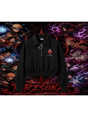 Tarzsokak Sasuke Uchiha Naruto Anime Karakter Kadın Crop Polo Yaka Yarım Fermuarlı Sweatshirt Beyaz