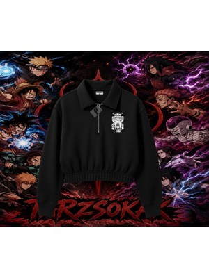 Tarzsokak Jiraiya Naruto Anime Karakteri Kadın Crop Polo Yaka Yarım Fermuarlı Sweatshirt Beyaz