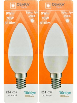 9W (70W) Beyaz Işık (6500K) E14 LED Mum Ampul, 2 Adet