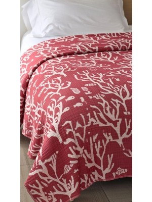 Mercan Desen 4 Katlı Müslin Pike Yatak Örtüsü Battal Boy 240X260 cm Kırmızı
