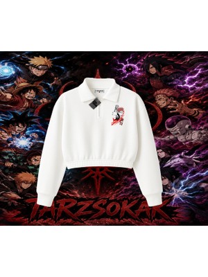 Tarzsokak Pain Nagato Naruto Anime Karakter Kadın Crop Polo Yaka Yarım Fermuarlı Sweatshirt Beyaz