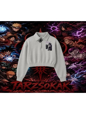 Tarzsokak Orochimaru Naruto Anime Karakter Kadın Crop Polo Yaka Yarım Fermuarlı Sweatshirt Beyaz
