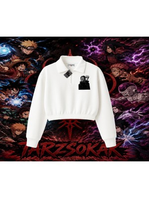 Tarzsokak Pain Nagato Naruto Anime Karakter Kadın Crop Polo Yaka Yarım Fermuarlı Sweatshirt Beyaz