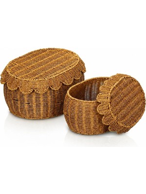 2'li Rattan Sepet Organizer Kapaklı Hasır Saklama Sepeti Seti Dekoratif Çok Amaçlı Düzenleyici