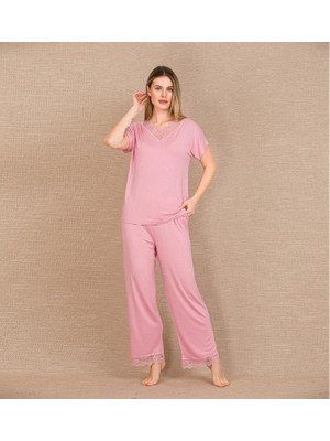 Findit Arias Closet Viskon Şık Tasarım Dantel Işlemeli Pembe Kısa Kol Pijama Takımı