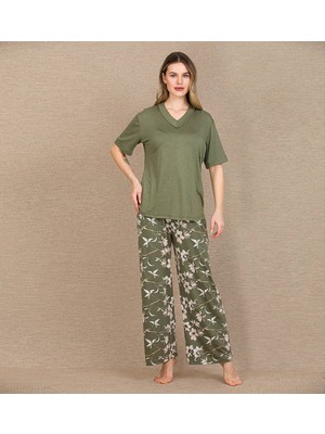 Findit Şık Tasarım Çiçek Desenli Yeşil Kısa Kol Viskon Pijama Takımı
