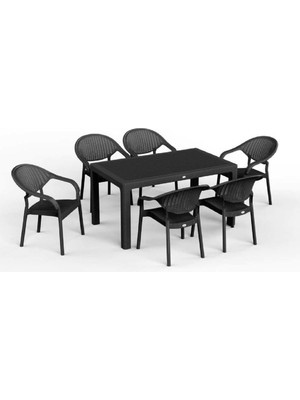 90 x 150 Bambu Plastik Rattan Camsız Bahçe Balkon Teras Masa Sandalye Takımı 6 Kolçaklı Sandal
