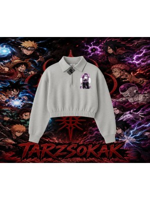 Tarzsokak Obito Uchiha Naruto Anime Karakteri Kadın Crop Polo Yaka Yarım Fermuarlı Sweatshirt Beyaz