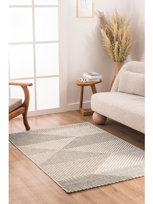 Retro Krem Bej Geometrik Desenli Tozumaz Salon Koridor Balkon Teras Bahçe Oturma Odası Halısı 19
