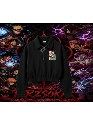 Tarzsokak Rock Lee Naruto Anime Karakter Kadın Crop Polo Yaka Yarım Fermuarlı Sweatshirt Beyaz