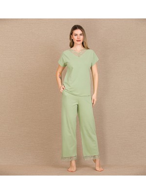 Findit Arias Closet Pamuklu Şık Tasarım Dantel Işlemeli Yeşil Kısa Kol Pijama Takımı