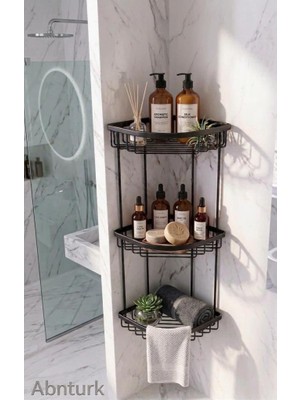 Abnturk 3 Katlı Ömür Boyu Paslanmaz %100 Alüminyum Siyah Renk Banyo Köşe Rafı-Duş Şampuanlık Organizer 58X28X25CM