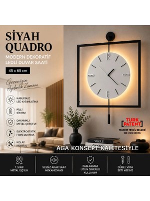 Aga Konsept Led'li Siyah Quadro Yuvarlak Kristal (Orta Boy 45 x 65 cm), Modern Dekoratif Sarkaçlı Metal Duvar Saati