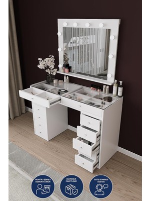 DF02115B LED Işıklı Aynalı Makyaj Masası Tabureli, Bölmeli 12 Çekmeceli Organizer Kozmetik Ma