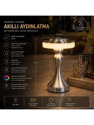 Karyatid Gümüş Krom Akıllı Masa Lambası Şarjlı Kablosuz Dokunmatik Kafe Otel Ofis Tip Dekora